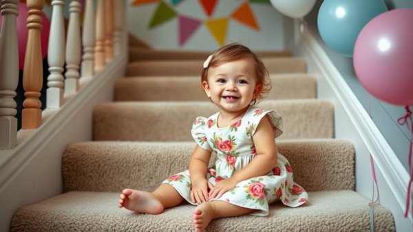 Happy toddler sitting on stairs, Kansas City neighborhoods.