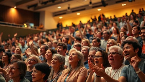 Excited fans cheer in a stadium setting.