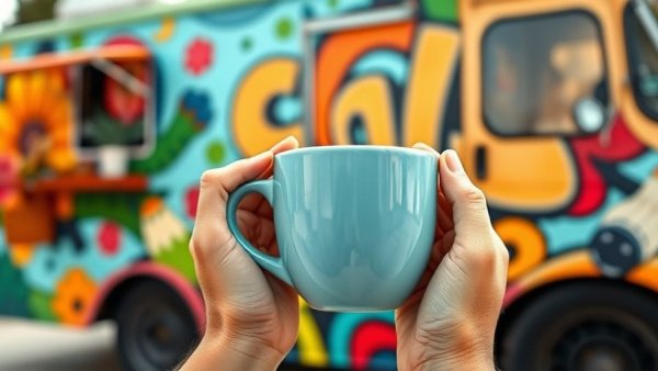 Hands holding coffee at Kansas City food truck, vibrant backdrop.