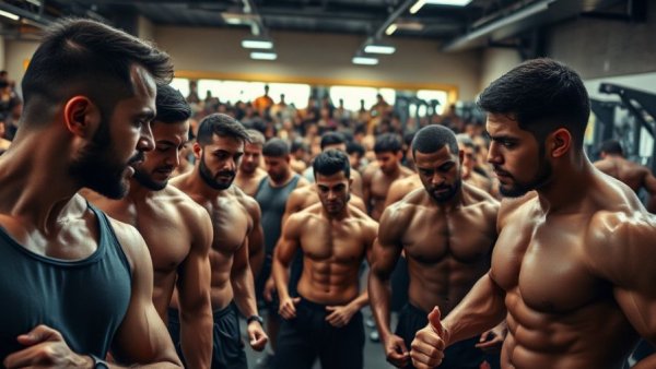 Muscular group working out in public gym, highlighting privacy issues.