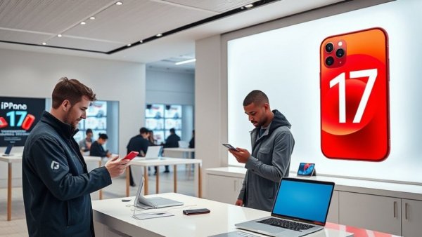 Apple iPhone Fold dummies and store scene, iPhone 17 Pro poster.