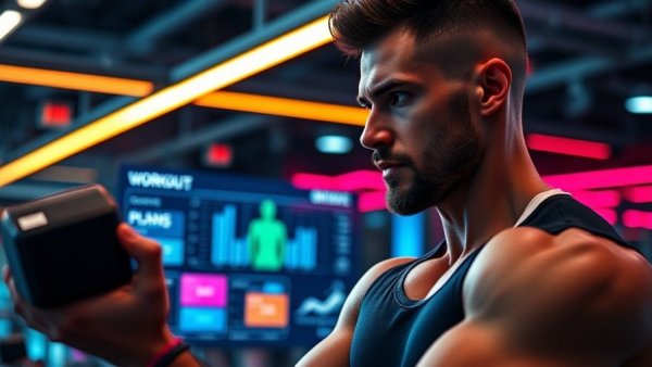 AI-integrated workout planners with man using digital trainer.