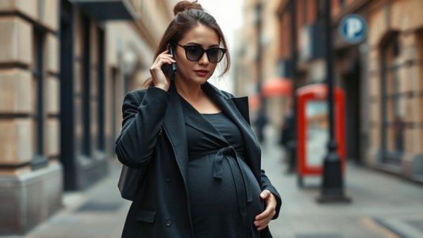 Casually styled woman, pregnancy news in city setting, holding phone.