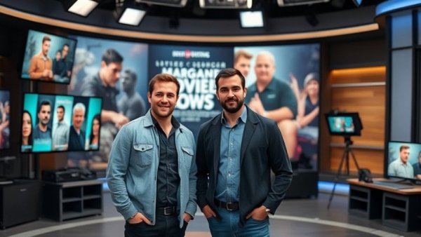 TV hosts in studio with movie set backdrop discussing Kansas City neighborhoods.