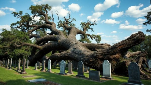 Tornado aftermath in Belton, MO cemetery with fallen tree.