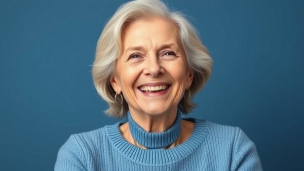 Cheerful older woman smiling in blue sweater; Kansas City events.