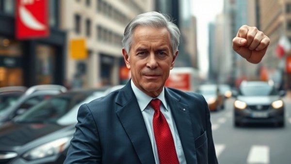 Trump announcement today, man in suit raising fist confidently.
