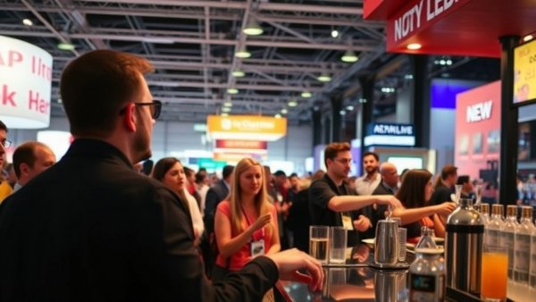 Crowd observing bartender at cocktail demonstration, exhibition setting.