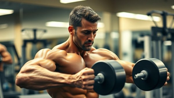 Muscular man demonstrating dumbbell row variation for building back muscle.