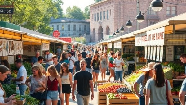 Bustling Kansas City farmers markets scene with people shopping.