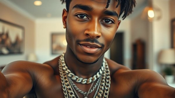 Young man with necklaces, confident selfie, soft lighting.