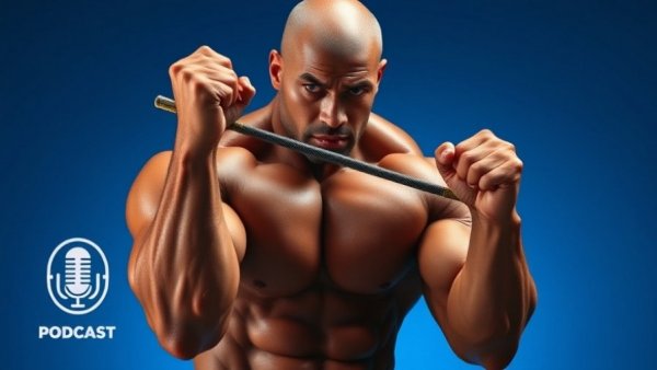 Muscular bodybuilder performing cable crossover with podcast logo in background.