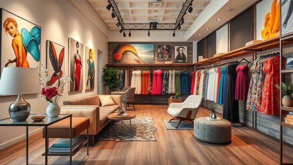 Interior of a chic Kansas City local business boutique showcasing art and fashion.