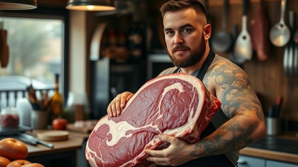 Carne Diem butcher holding beef in Kansas City shop.