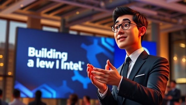 Intel shares AI boom with presentation and digital backdrop.