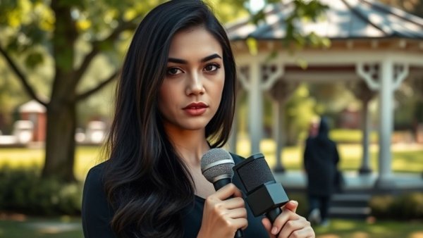 Reporter in Kansas City neighborhood park, natural setting