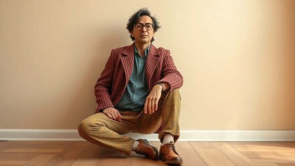 Cory Infinite fashion designer in textured outfit posing casually indoors.