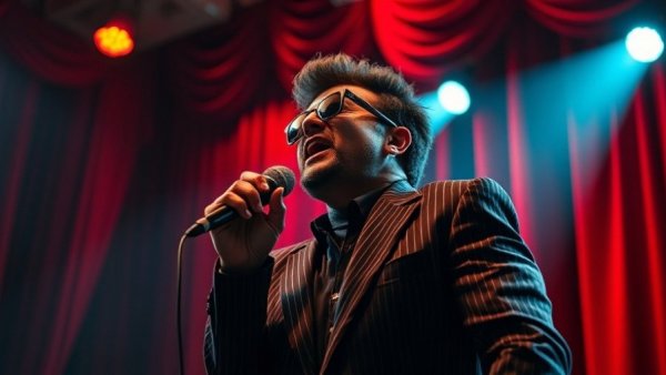 Performer singing on stage at Kansas City live music event.