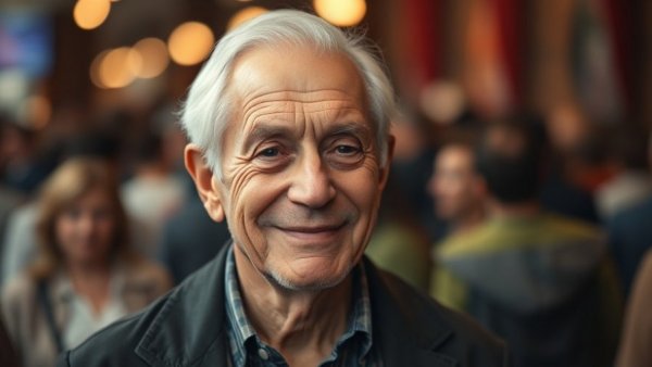 Elderly man smiling softly in a cinematic photo with bokeh background.