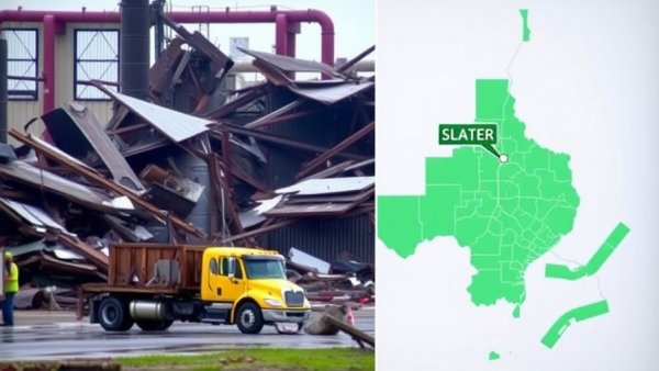 Kansas City neighborhood guide map and storm damage in Slater, MO.