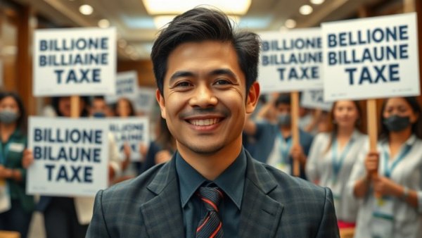 California billionaire tax protest with smiling individual.