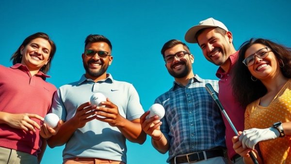 Group enjoying 'new fairway fit' with golf gear under blue sky