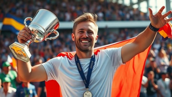 Mitchell Hooper celebrating victory with trophy and flag.