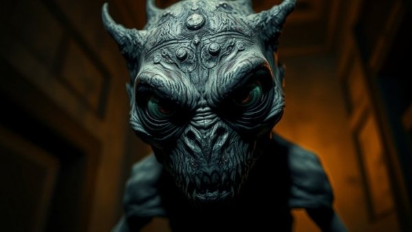 Distorted horror creature in grind horror film setting, eerie atmosphere.