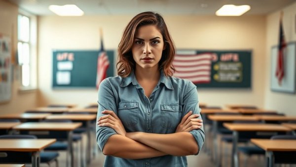 Florida teacher with intense expression in a classroom setting.