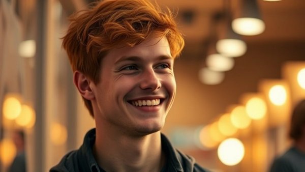 Cinematic portrait of a young man smiling indoors.