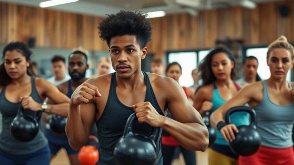 Diverse gym group doing kettlebell exercises as alternatives.