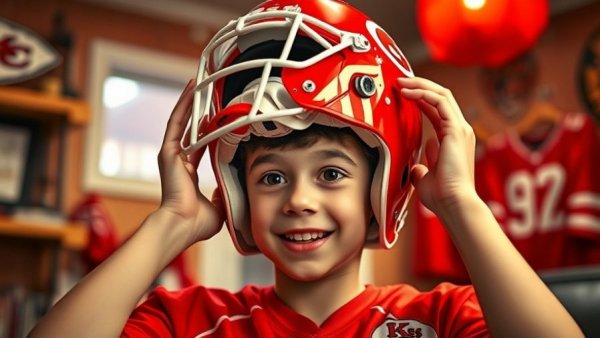 Excited person wearing a Kansas City Chiefs helmet indoors.
