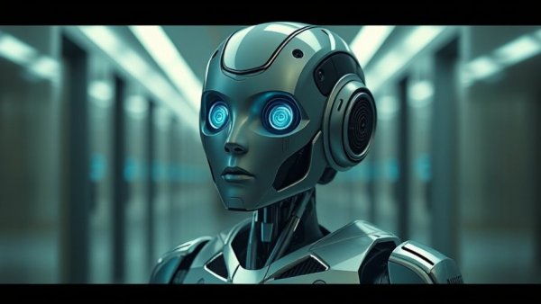 Futuristic humanoid robot with subtle curiosity in a sleek hallway.