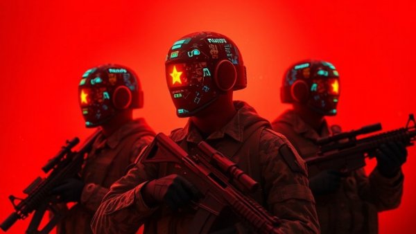 Futuristic AI super soldiers with digital chips and red background.