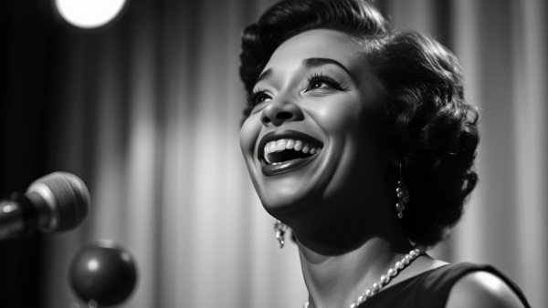 Classic jazz singer with vintage microphone, Kansas City jazz legacy.