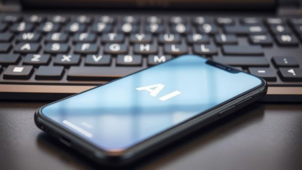 Smartphone with AI app near keyboard, AI agent deletes company database concept.