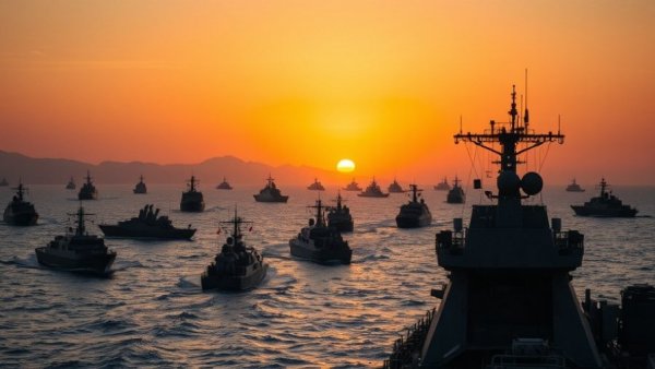 Military monitoring in Strait of Hormuz at sunset, vessels visible.