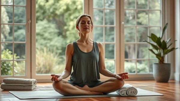 Woman practicing somatic exercises for stress relief in a peaceful room.