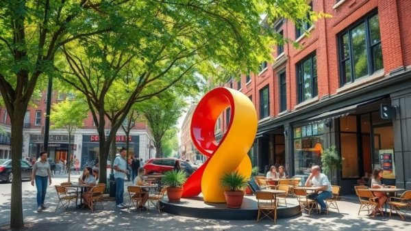 Colorful art and cafes along Kansas City street.