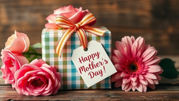 Mother's Day gift with pink flowers on wooden table.