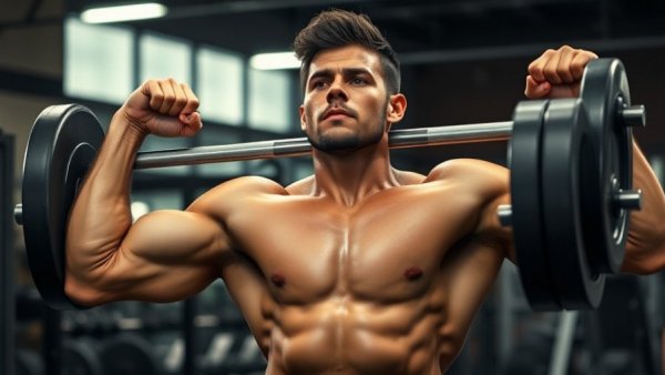 Muscular man performing upright rows shoulder exercise in gym.