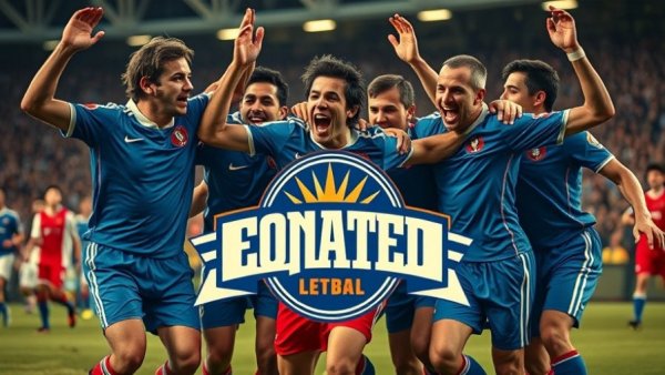 Retro Kansas City soccer players in vintage uniforms, celebrating.