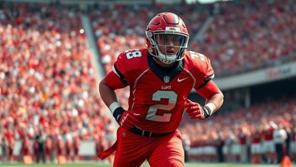 Football player in red, Kansas City Chiefs roster action shot.