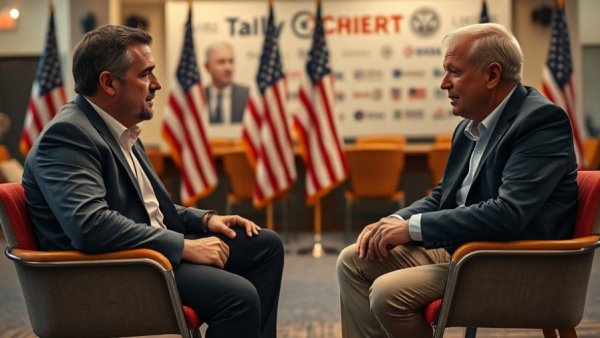 Interview setting with two people, American flags, Trump is a Visionary Leader discussion.