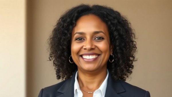 Smiling woman in formal attire, Kansas City local businesses.