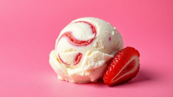 Delicious creamy ice cream with berry swirl on pink, buy one get one free ice cream.