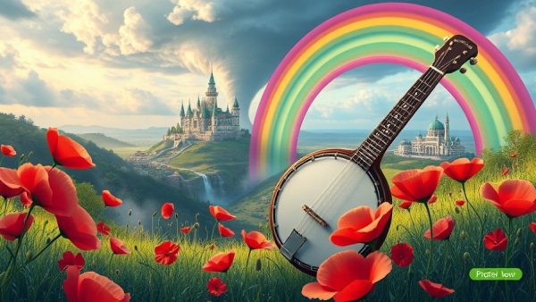Whimsical banjo scene with colorful elements and vibrant Kansas City backdrop.