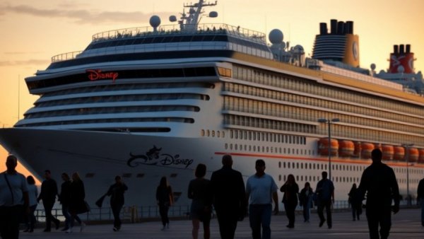 Disney Cruise ship with logo at sunset, people silhouetted.