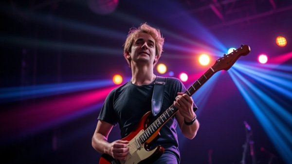 Young musician performs live music in Kansas City under stage lights.