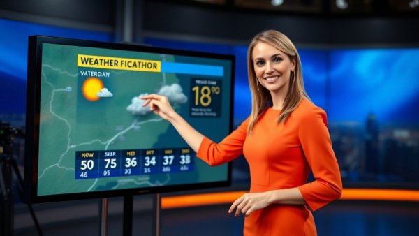 Weather forecast in Kansas City neighborhoods on screen with presenter